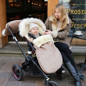 BABYLY - WOOLEN STROLLER SLEEPING BAG WITH FUR VELVET BEIGE