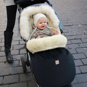 BABYLY - WOOLEN STROLLER SLEEPING BAG WITH FUR VELVET BLACK