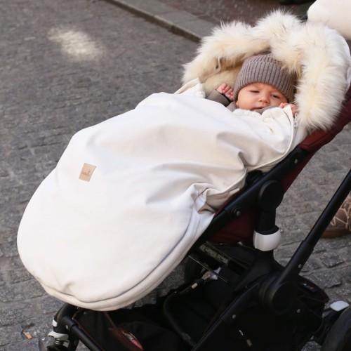 WOOLEN STROLLER SLEEPING BAG WITH FUR VELVET CREAM PEARL
