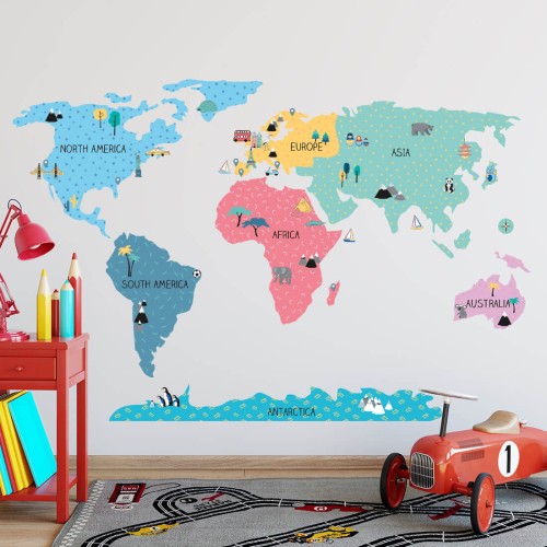 world map colorful wall sticker for children