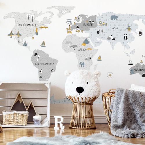 world map grey wall sticker for children