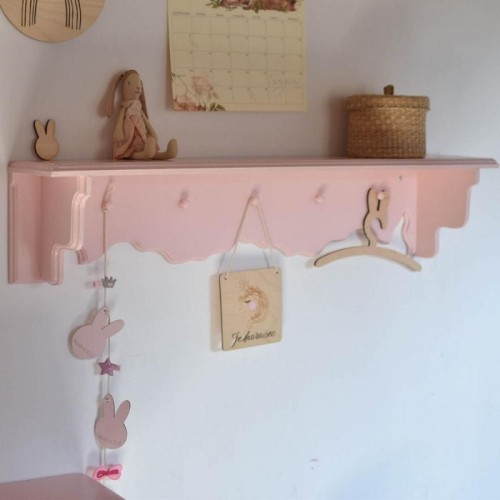 pink shelf with hangers for kids room